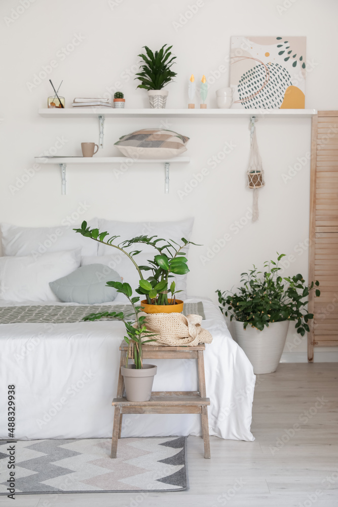 Stylish interior of modern bedroom with houseplants