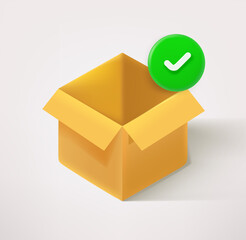 Poster - Opened delivery box icon with checkmark. 3d vector icon