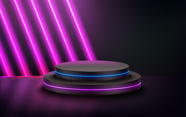 Poster - Dark room with vioolet diagonal neon and circle podium. 3d vector showcase with copy space