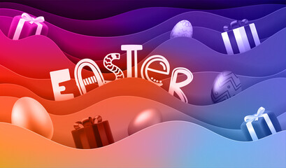 Aufkleber - Gift boxes on the waves. Happy Easter card. 3d vector illustration