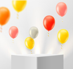Aufkleber - Illuminated podium with air balloons in white interior. 3d vector illustration