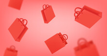 Flying Red Shopping Bags On Red Background. Online Shopping. 3d Vector Illustration