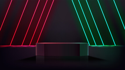 Poster - Dark room with red and green diagonal neons and pedestal. 3d vector showcase with copy space