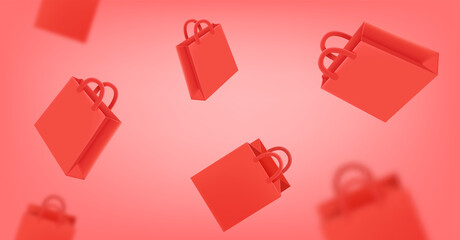 Aufkleber - Flying red shopping bags on red background. Online shopping. 3d vector illustration
