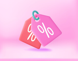 Aufkleber - Shopping price tags on pink background. 3d vector illustration