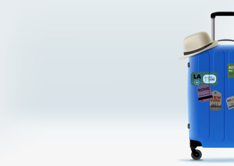 Poster - Blue travelers suitcase with stickers and a hat. 3d vector banner with copy space for a text