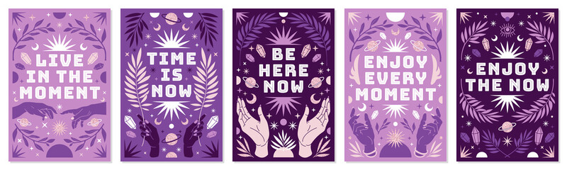 Wall Mural - boho celestial vector posters with inspirational quotes in trendy bohemian style. tarot magic card.