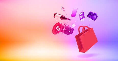 Aufkleber - Shopping bag with goods in veri peri color room . 3d vector banner with copy space