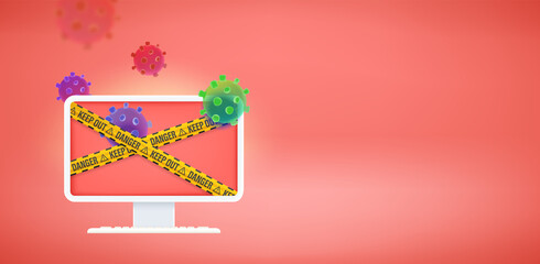 Aufkleber - Aware of internet faraud and viruses. Modern computer monitor with ribbons on the screen. 3d vector banner with copy space