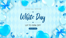 Happy White Day Sale Banner Vector Design. Realistic Balloon Hearts And Gifts On Blue Rhombic Pattern Background