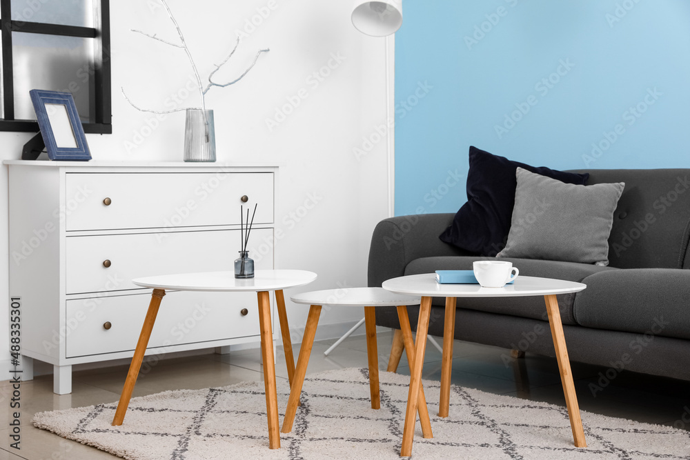 Interior of stylish living room with coffee tables