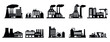 Set of industrial buildings on a white background. Black silhouettes of plants and factories. Vector illustration in flat style.