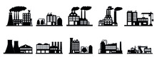Set Of Industrial Buildings On A White Background. Black Silhouettes Of Plants And Factories. Vector Illustration In Flat Style.