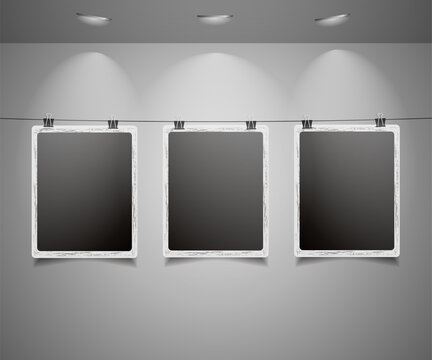 Set of photos on thread with lighting. Art gallery of photo frames hanged on rope. Jpeg mockup design template