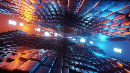 Wall Mural - Camera flight through sci fi corridor with moving cubes and neon lights. Gaming, technology, sci fi, science concept animation