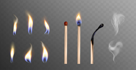 Realistic 3d vector illustration of whole and burnt wooden matchsticks. Flame light and smoke collection on transparent background. Stages of match or wood stick burning or ignition from fire.