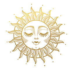 Wall Mural - golden mystical sun with a boho-style face. element for design, tattoo, stickers. linear vector illu