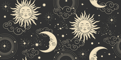 Wall Mural - Celestial seamless pattern with sun and moon face, clouds and stars on the black night sky. Pattern for tarot, astrology, vector boho background for the zodiac. 