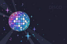 Mirror Ball For Disco, Dance Club, Party. Dark Night Background With A Rotating Disco Ball And With Glare Of Light, Music Background. Vector Illustration - Eps10.