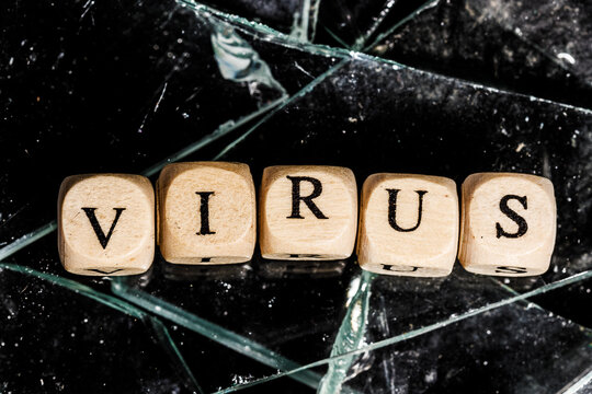 word virus on cubes lying on glass shards. pandemic concept