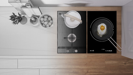 Wall Mural - Architect interior designer concept: hand-drawn draft unfinished project that becomes real, kitchen close up, hob with pot , fried egg in pan. Top view, plan, above with copy space