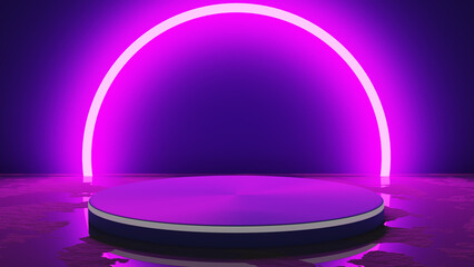 Poster - Round podium for product presentation with neon arch. 3D rendering