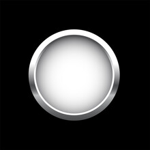 White Button In Round Silver Frame Vector Illustration. 3d Realistic Shiny Metal Circle Ring On Push Click Button For Website, Abstract Badge Element Design Isolated On Black Background