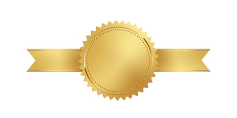 Wall Mural - gold 3d stamp with ribbon isolated on white background. luxury golden seal. vector design element