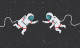 Fototapeta Sypialnia - Vector illustration. Two astronauts reaching to each other in space. Romantic scene, connection, Dark space with stars in the background.
