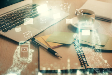 Poster - Double exposure of envelope drawing and desktop with coffee and items on table background. Concept of people connection.
