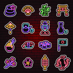 Poster - Japan Neon Stickers. Vector Illustration of Culture Promotion.