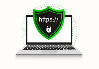 Aufkleber - http and https protocols on shield on laptop, on white background. Vector illustration.