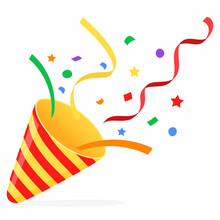 Exploding party popper with confetti, bright cartoon birthday cracker. Isolated vector illustration of celebration symbol emoji. Flat design