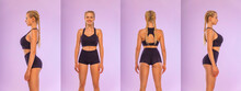 Photo Reference Pack With Anatomy Of Fit Woman Athlete. Front, Back, Side, Profile View. Fitness Concept.