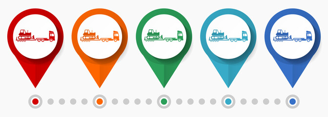 Fototapete - Truck, trailer, bulldozer concept vector icon set, flat design logistic pointers, infographic template easy to edit