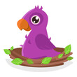 Cute little chick is sitting in a nest with green leaves. Vector graphic.