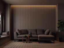 Dark Brown Plank Living Room 3d Render,with A Brown Fabric Sofa Decorated With A Wooden Window Seat And Hidden Warm Lighting.