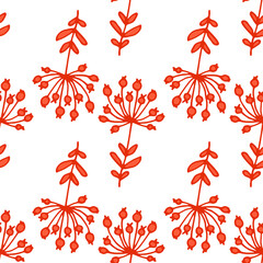 a pattern of red twigs with berries. A seamless pattern of branches with orange leaves and a bunch of red berries, often placed on white for a natural forest packaging design template