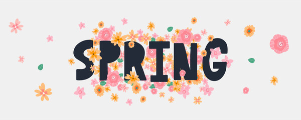 Sticker - Hello Spring hand logotype, badge typography icon. Lettering spring season with leaf for greeting card, invitation template. Retro, vintage lettering banner poster template background, Sale, offer