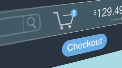 Poster - online shopping, close-up of a shopping cart icon with items counter, the mouse cursor click on the 'checkout' button (3d render)