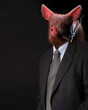 Pig-headed man smoking a cigar and dressed in a jacket