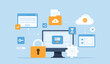 © apinan - Business technology cloud computing service and technology file upload backup on cloud server storage concept with monitor web login security user. Flat vector Illustration cartoon character design
