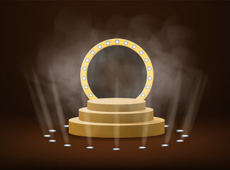 podium stage with rays of spotlights for award ceremony winner with smoke. gold platform concept. ve