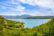 Lake Sainte-Croix And Mountains Of The Verdon Valley In Alpes De Haute Provence France