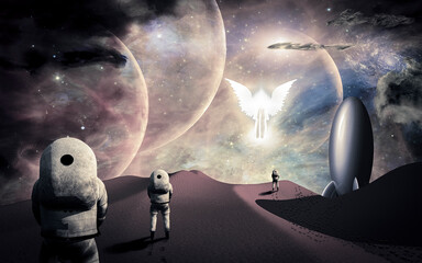 Wall Mural - Space journey. Astronauts on alien planet