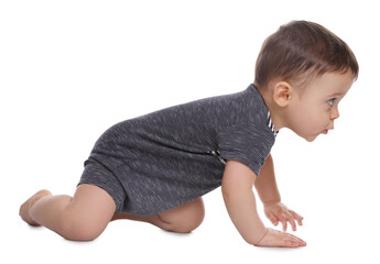 Wall Mural - Cute little baby crawling on white background