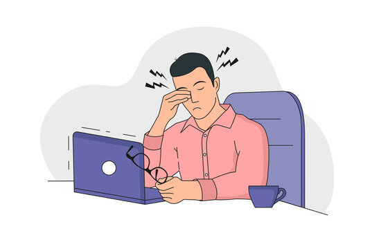 Young guy is working on a Laptop. Tired character. Concept of Eye Health while working at the computer. Flat graphics, vector illustration.