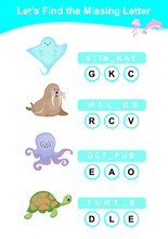 Find The Missing Letter Worksheet. Preschool Worksheet With Sea Animals’ Theme. Educational Spelling Printable Game Worksheet. Vector Illustration.