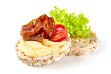 Rice cakes with cream cheese, isolated on white background.