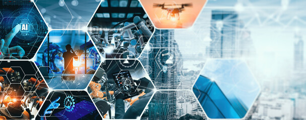 Leinwandbilder - Global industry concept.Manager Ai Technical Industrial Engineer working and control robotics with monitoring system Automation robot arm software and icon industry network connection on tablet.